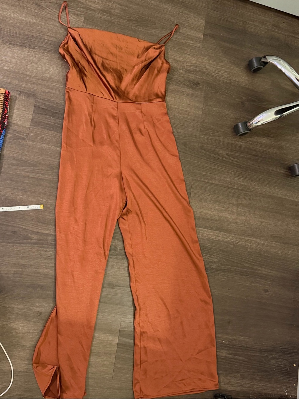 Rust Satin Wide-Leg Jumpsuit with Cowl Neck